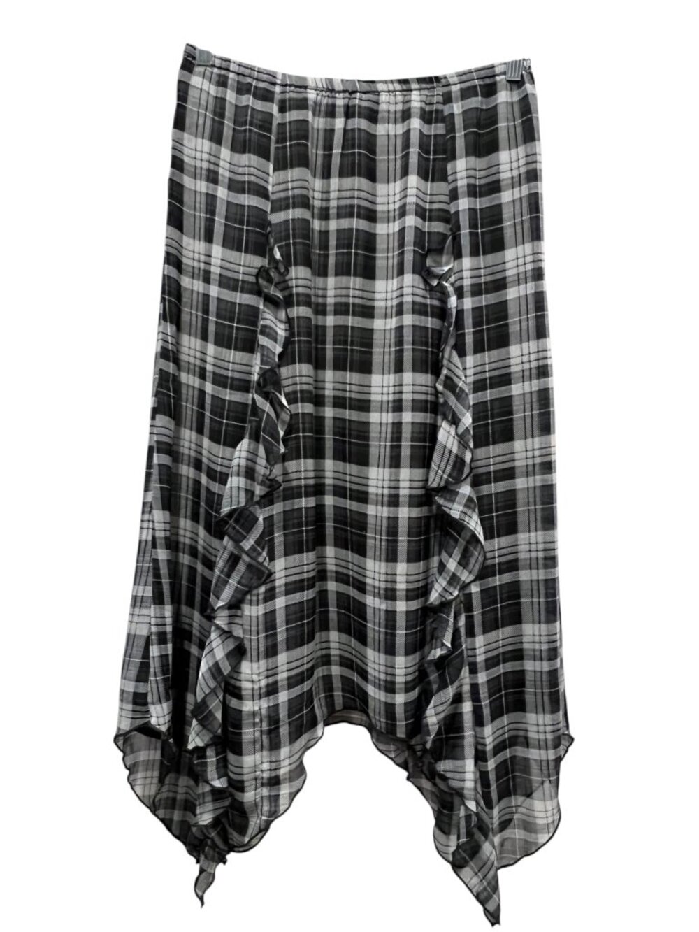 American Eagle Plaid Handkerchief Hem Ruffle Midi Skirt, Black Gray, M